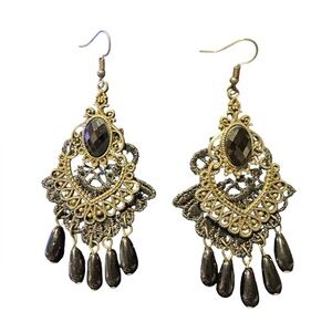 Elegant Gold and Black Chandelier Earrings, Victorian inspired